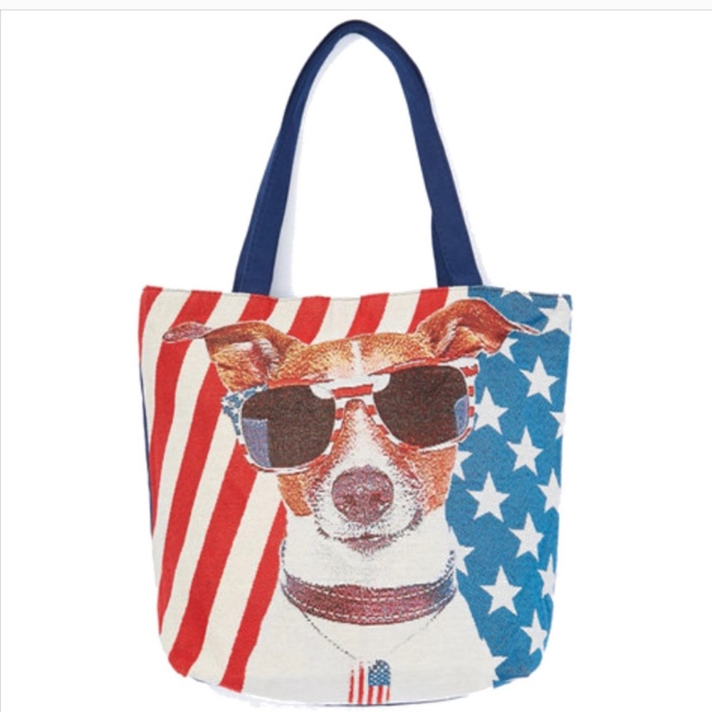 Tote Bag Red White & Blue Patriotic Terrier Dog Stars & Stripes Zipper Top